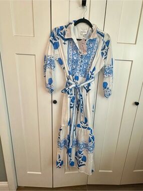 White and Blue Floral Midi Shirt Dress with Belt by